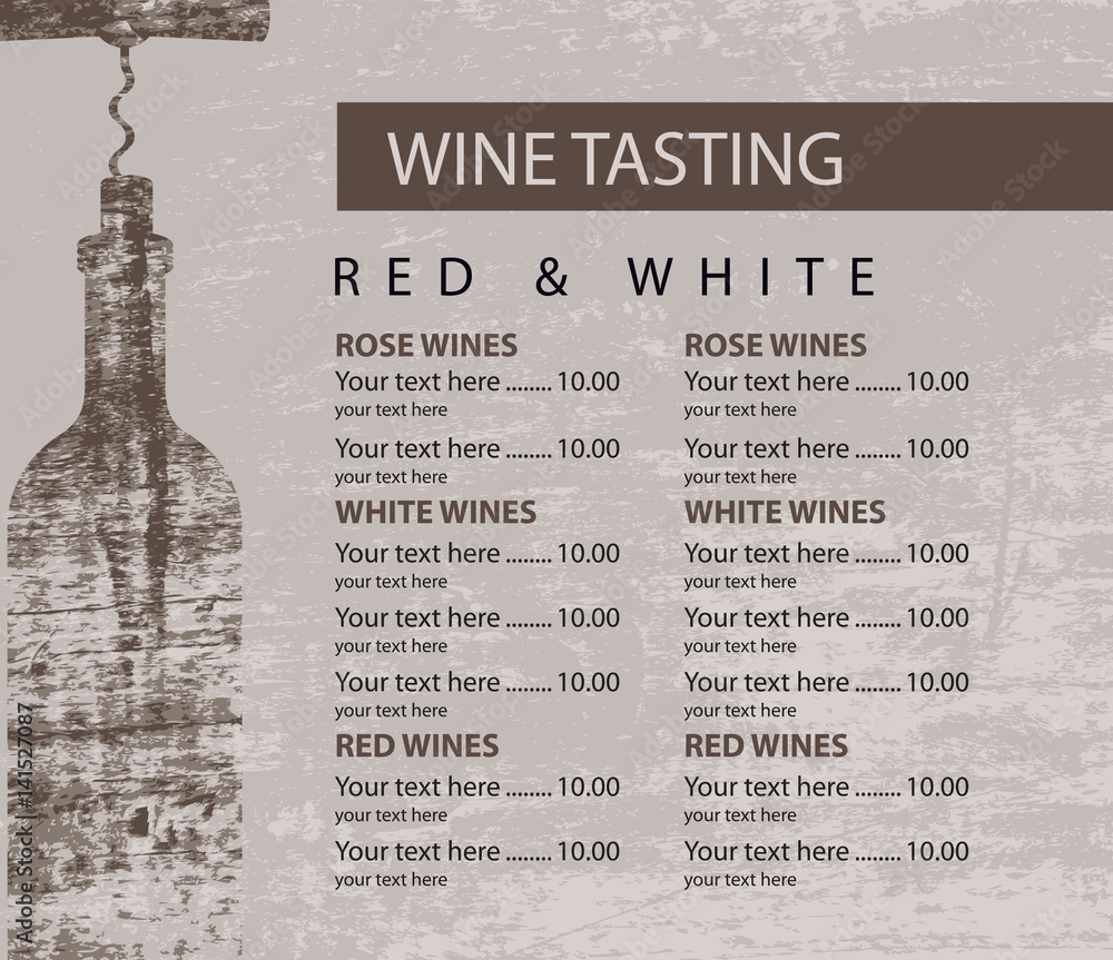 Poster vector menu for wine tasting with price and bottle with a corkscrew on the background of a wooden bo