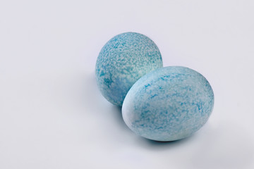 Blue dyed eggs. Colored chicken eggs isolated. Easter food ideas.