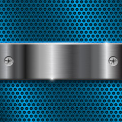 Blue metal perforated background with stainless steel plate