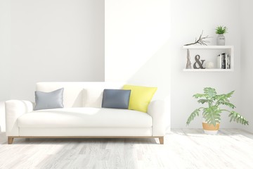White modern room with sofa. Scandinavian interior design. 3D illustration