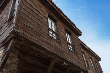 Old Bulgarian houses in the town of Nesebar, Bulgaria. In 1956 Nesebar was declared as museum city, archaeological and architectural reservation by UNESCO.