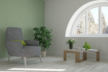 White room with armchair and winter landscape in window. Scandinavian interior design. 3D illustration