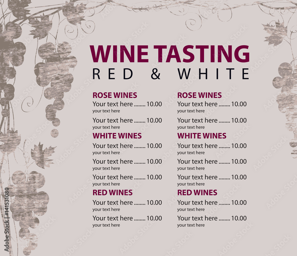 Poster vector menu for wine tasting with price and bunch of grapes on the background of a wooden board text