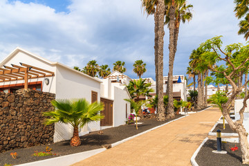 Traditional Canary style holiday apartments in Playa Blanca seaside town, Lanzarote, Canary Islands, Spain