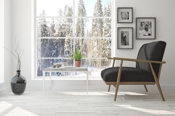 White room with armchair and winter landscape in window. Scandinavian interior design. 3D illustration