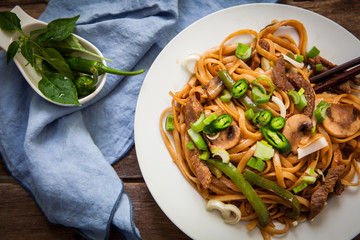 Thai beef noodles with green chili and onions
