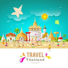 Obraz premium Thailand travel building and landmark in songkran festival summer design background, vector illustration