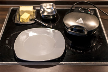 Baking Homemade waffles cooked in a waffle iron