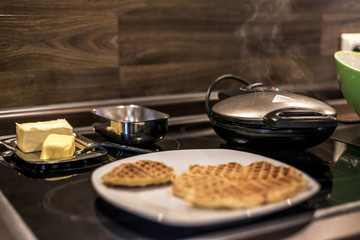 Baking Homemade waffles cooked in a waffle iron