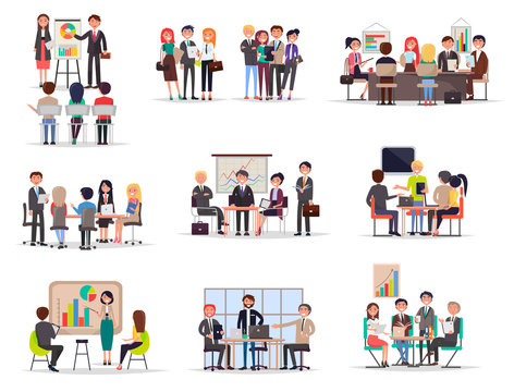 Set of Business Meeting in Cartoon Style Flat