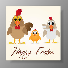 Happy Easter Greeting Card with chicken family. Vector illustration.