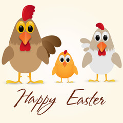Happy Easter Greeting Card with chicken family. Vector illustration.