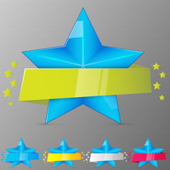 Set of blue stars with ribbons. Collection for game, banner, app, ui. Vector illustration.