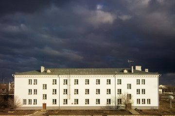 Bright building before the storm, Baikonur, Kazakhstan