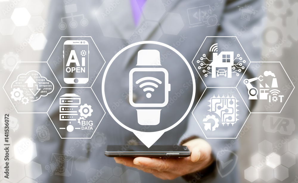 Poster concept internet of things (iot) integration in business, home, industry. man offer smart watch loca