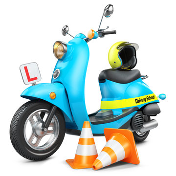 Driving school concept. Classic scooter, traffic cones and helmet