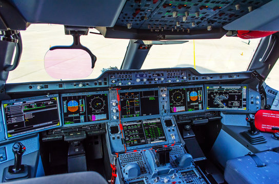 Modern cockpit in the passenger airliner