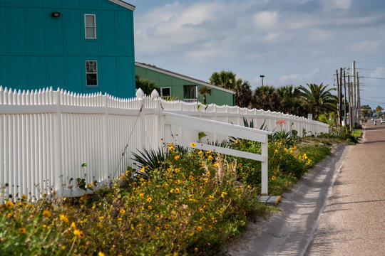 A typical gulf coast scene; a view of pastel colored condos in Port Aransas, Texas