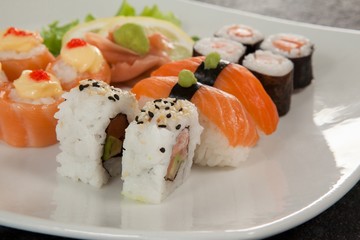 Set of assorted sushi served in a white plate