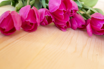 Bouquet of pink tulips on a wooden background
