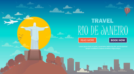 Travel in Rio de Janeiro, Brazil. Statue of Jesus Christ on the mountain. Flat design.