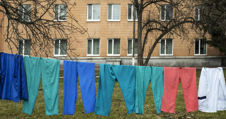 Color trousers are dried on the rope