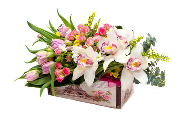 
Flower arrangement in a pot, basket, on a white background
