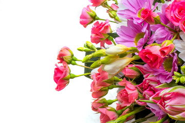 Bright background of flowers, roses, carnations and orchids.