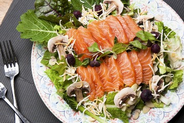 salmon salad on top view