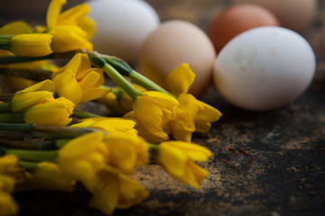 Świeże jajka, wielkanocne jaja z wiosennymi kwiatami. © Olo
