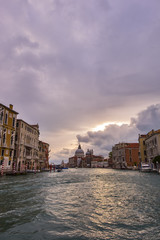 View from Grand Canal and Basilica Santa Maria della Salute and cruise ship, Venice, Italy