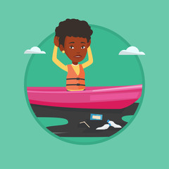 Woman floating in a boat in polluted water.