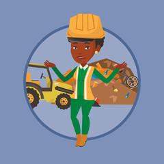 Worker and bulldozer at rubbish dump.