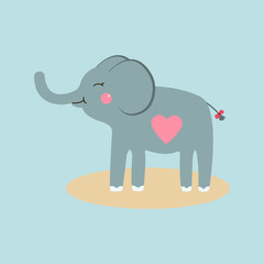 Cartoon vector illustration of cute, happy baby elephant with heart.
