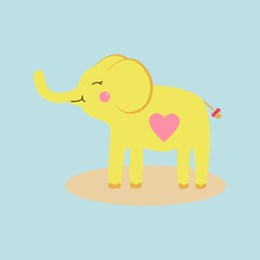 Cartoon vector illustration of happy, cute, yellow baby elephant with heart.