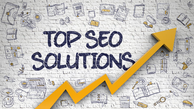 Top SEO Solutions Drawn on White Brickwall. 3d.