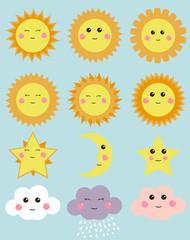 Cute weather: sun, moon, star, clouds. Design elements for kids illustrations.