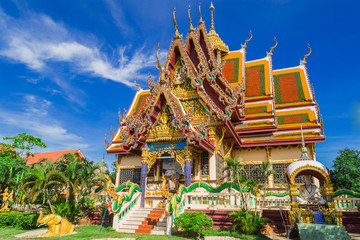 Wat Plai Laem temple. Samui, Thailand Landmark. Scenic View Of Buddhist Pagoda. Temple Complex Wat Phra Yai. Oriental Architecture. Landscape Background