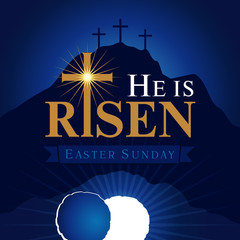 He is risen navy blue card. Easter christian motive,with text He is risen on on a background of rolled away from the tomb stone of Calvary - obrazy, fototapety, plakaty