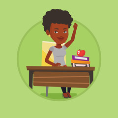 Student raising hand in class for an answer.