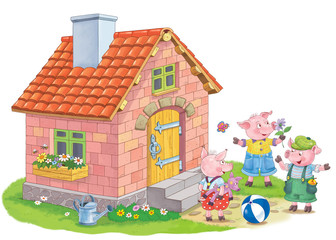 Three little pigs. Fairy tale. A cute house made of bricks. Coloring page. Illustration for children