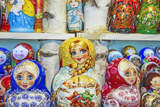 Several Russian traditional matrioska dolls