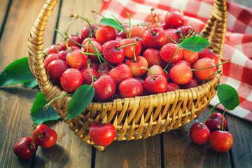 Fresh sweet cherries in a basket