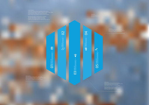 Illustration infographic template with hexagon vertically divided to five blue parts