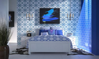 Nowoczesna sypialnia i niebieski wystrój. - obrazy, fototapety, plakaty