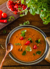 Delish tomato soup with bread and chilli