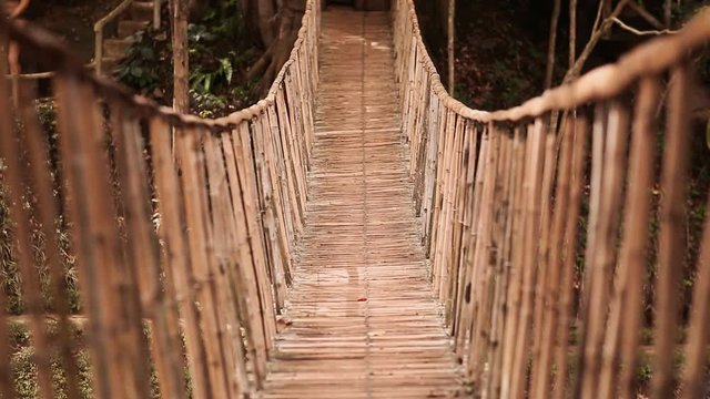 Bamboo hanging bridge over river in tropical forest, Bohol, Philippines