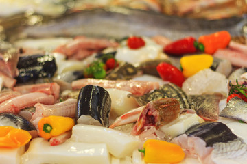 various types of fish and vegetables on display
