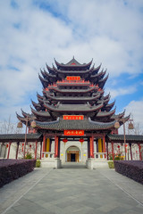 CHONGYUANG TEMPLE, CHINA - 29 JANUARY, 2017: Beautiful red and black tower with stunning chinese architecture, seen from medium distance on a nice sunny day