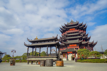 CHONGYUANG TEMPLE, CHINA - 29 JANUARY, 2017: Beautiful red and black tower with stunning chinese architecture, seen from medium distance on a nice sunny day
